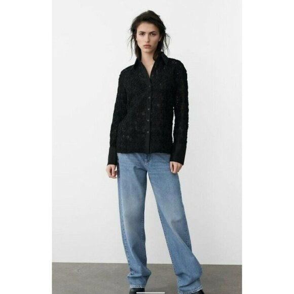 Zara Women’s Black Floral Embroidered Long Sleeve Button Up Lightweight Shirt S - Picture 2 of 11